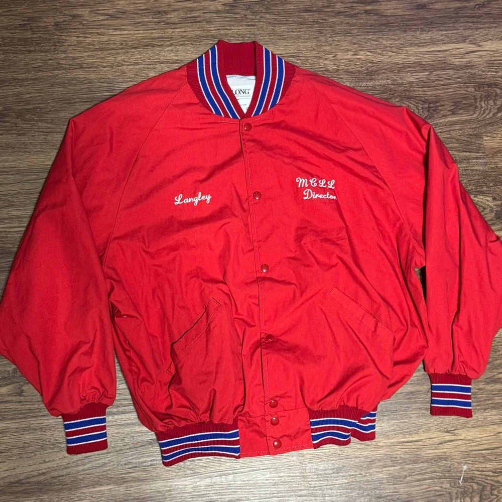 VTG  DeLONG Varsity Jacket‎ XXL Red Snap Front MCLL Director Langley Made in USA